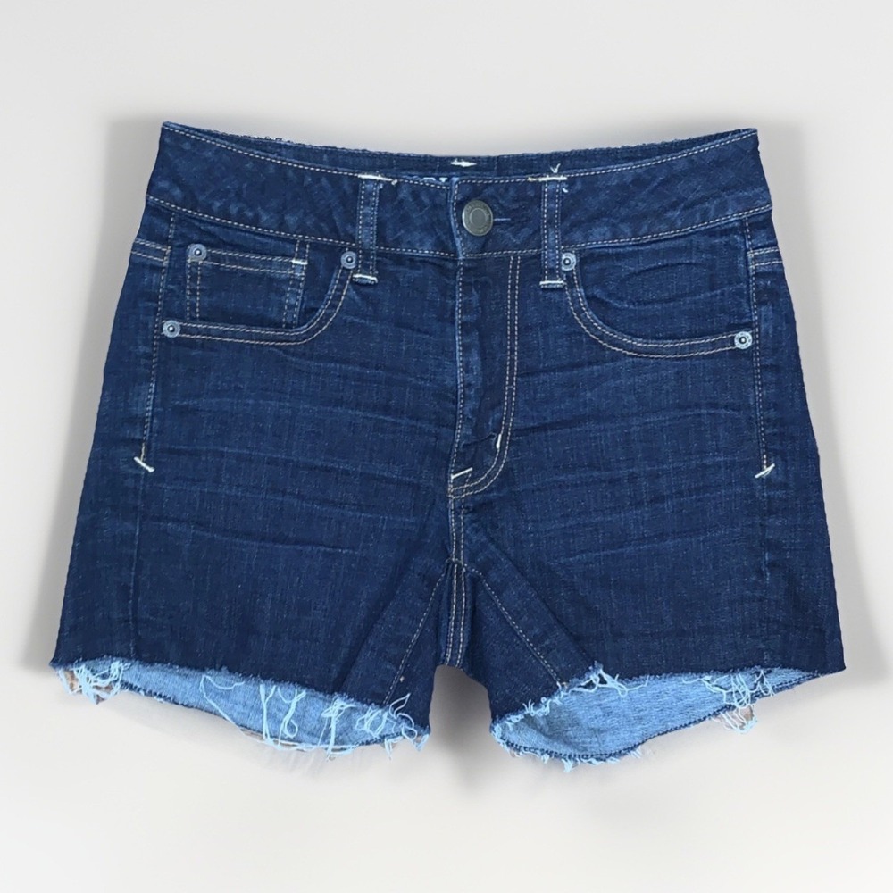 American Eagle Outfitters Women's Cut Off Denim Shorts Dark Blue Frayed Hem SZ 2